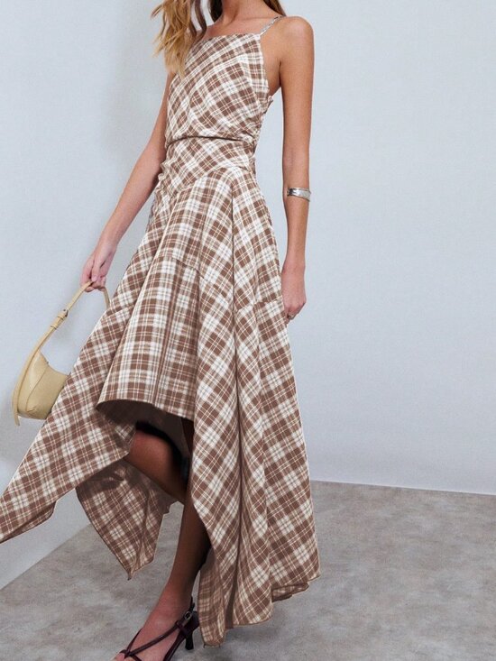 Dresses & Skirts - Camel Casual Women's Asymmetrical Plaid Midi Dress
